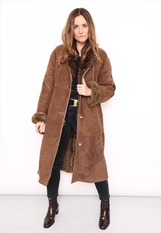 VINTAGE 80S BROWN SUEDE SHEEPSKIN SHEARLING LONG COAT