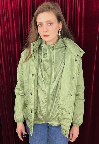 GREEN CROPPED PUFFER COAT, WINDBREAKER WITH HIDDEN HOOD