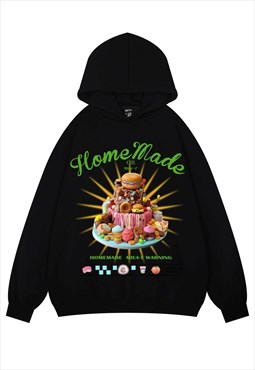 Food print hoodie psychedelic pullover raver top in black