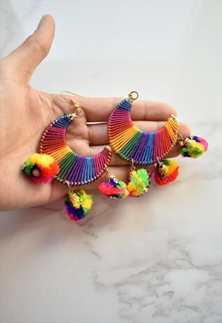 RAINBOW HALF HOOP MOON FESTIVAL POM POM EARRINGS