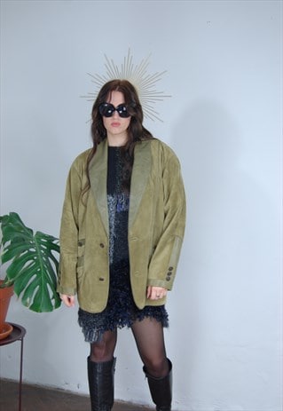 Vintage 80's baggy suede leather coat jacket unisex in khaki