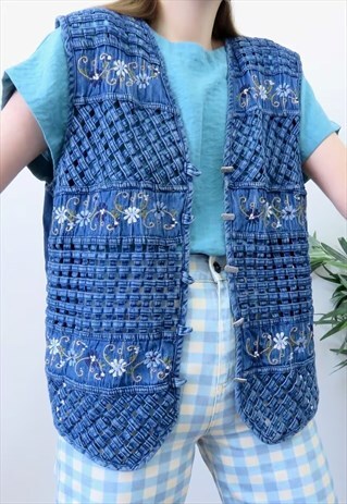 Cute 90s Vintage Floral Embroidered Denim Waistcoat