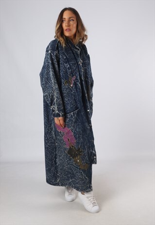 VINTAGE LONG DENIM JACKET OVERSIZED PRINT UK 20 XXXL (O1B)