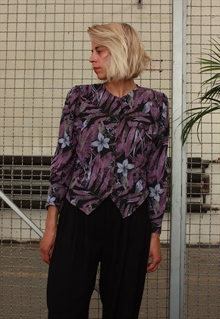 VINTAGE 80' BEAUTIFUL CUTE PURPLE BLOUSE WITH FLOWERS