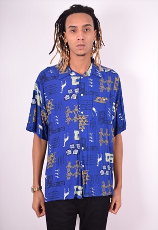 MENS VINTAGE CRAZY PRINT SHIRT XL BLUE 90'S