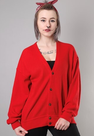 VINTAGE 80S RED OVERSIZE LONG WOOL CARDIGAN