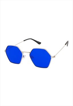 Blue Hexagon Sunglasses in Silver with Dark Blue lenses