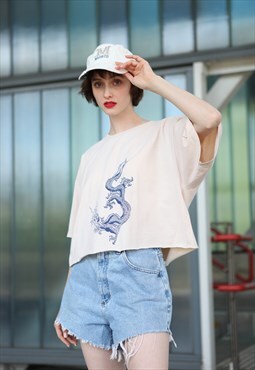 Vintage 90's Dragon Print Oversize Crop T-shirt 