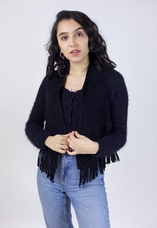 VINTAGE 90'S TASSEL BLACK SUEDE WAISTCOAT