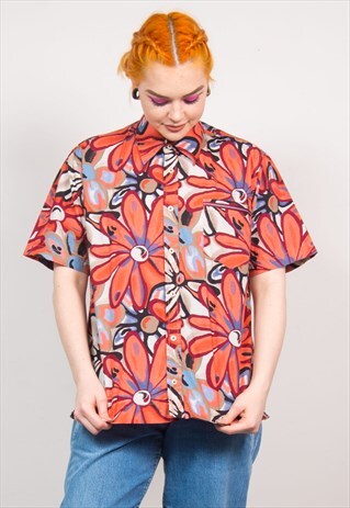 VINTAGE 90'S RED FLORAL PRINT OVERSIZED SHORT SLEEVE SHIRT