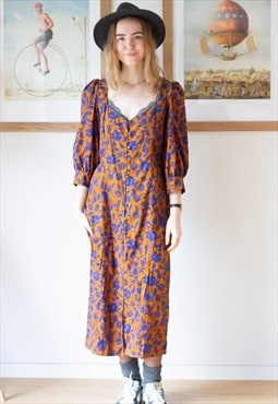 Dark orange and blue floral midi dress