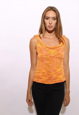 VINTAGE 1990'S 90'S BRIGHT ORANGE KNIT SWEATER TANK TOP S-M