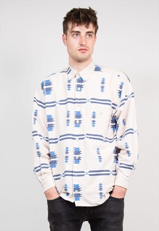 VINTAGE 90'S CREAM AZTEC PATTERN FLANNEL SHIRT