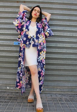 Vintage Blue & Pink Floral Kimono Cotton Duster Jacket