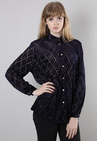 VINTAGE 80S SHEER PURPLE VELVET TEXTURED BLOUSE SHIRT TOP
