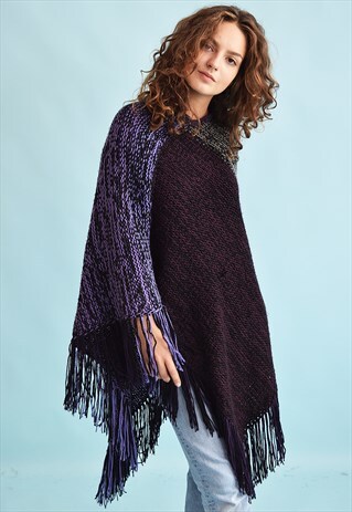90'S RETRO JAZZY KNIT CAPE FRINGED PONCHO JACKET