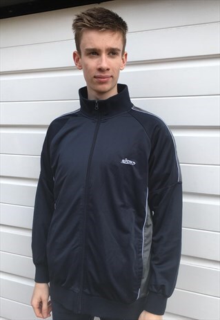 MENS VINTAGE 80S JACKET DARK BLUE TRACKSUIT TOP ZIPPER