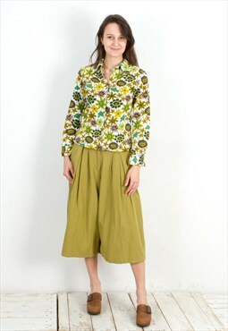 Vintage Women's L Capri Culottes Pants Trousers Cotton Green