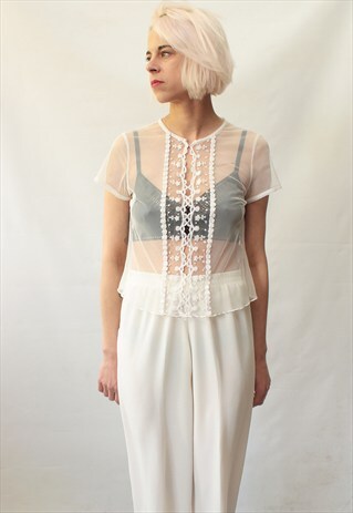 VINTAGE 90' BEAUTIFUL CUTE TRANSPARENT CREAM SHORT BLOUSE