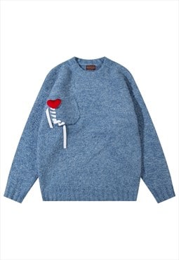 Patchwork sweater fluffy pocket knitwear jumper in blue 