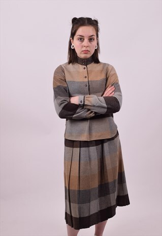 VINTAGE 70'S CHECKED WOOL MIX SKIRT & BLOUSE SIZE 4 TO 6