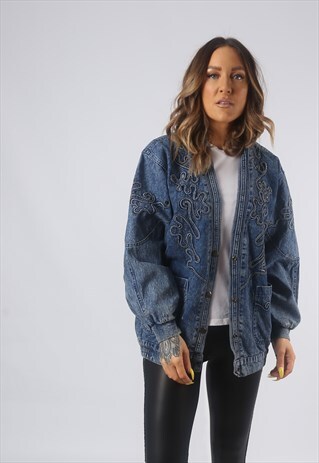 VINTAGE DENIM BOMBER JACKET EMBROIDERED UK 10 SMALL (B3G)