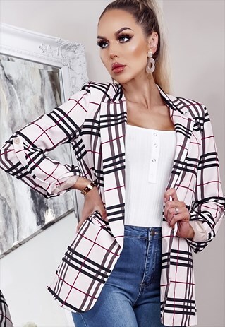 BEIGE CHECK COLLARED BLAZER