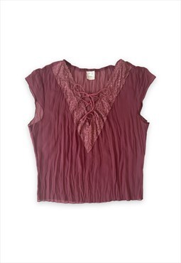 Y2K 00s top sheer mesh crinkle lace up vintage blouse pink