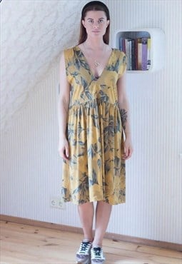 Yellow floral v neck midi dress