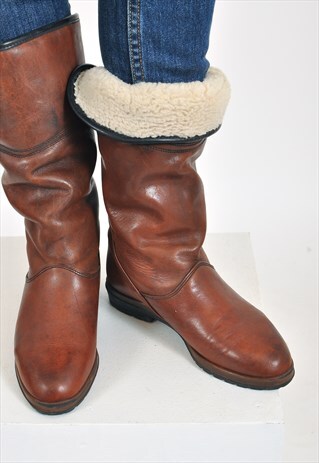VINTAGE REAL LEATHER WINTER KNEE HIGH BOOTS IN BROWN