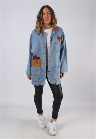 DENIM JACKET EMBROIDERED OVERSIZED LONGLINE LONG UK 16 (CKCW