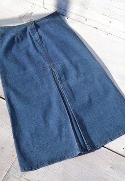 Deadstock blue stretch mid calf high waist denim skirt.