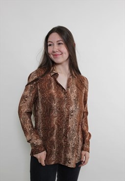 Vintage 90s Abstract Brown Blouse - Retro Printed top