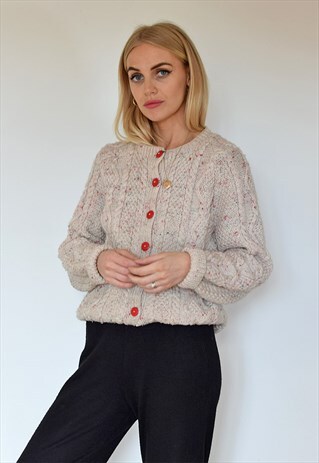 Vintage Neutral Aran Wool Granny Chunky Knitted Cardigan | Club Vintage ...