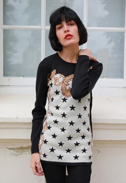 Long Sleeve Jumper with Black and White Star Print with Gold