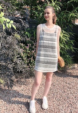 Crochet Lace Beach Short Dress in White Floral Print