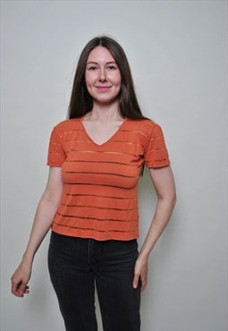Y2k minimalist tee shirt, v-neck striped top - MEDIUM 