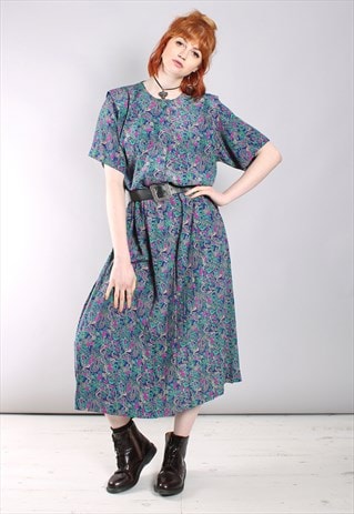 VINTAGE 80S PAISLEY PATTERNED PLEATED MIDI DRESS