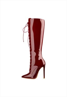 Red Patent Leather Lace Up Pointed Toe Knee High Boots