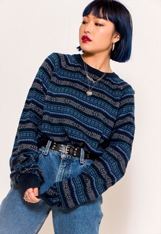 VINTAGE 80'S BLUE NORDIC KNIT JUMPER