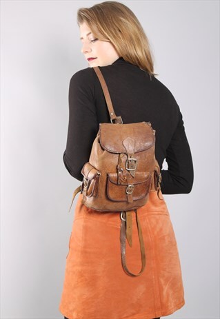 VINTAGE 70S BROWN LEATHER MINI BACKPACK RUCKSACK
