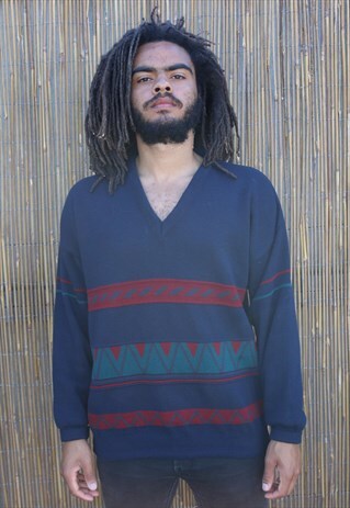 VINTAGE BLUE V-NECK WITH AZTEC DESIGNS