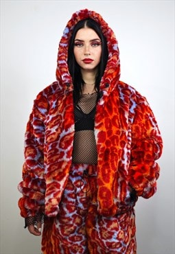 Hooded Leopard jacket red faux fur animal print rave bomber