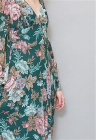 VINTAGE 1970'S KATI AT LAURA PHILLIPS GREEN FLORAL DRESS