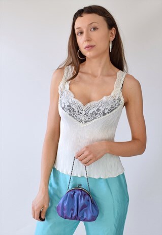 VINTAGE 80S 90S PLISSE LACE SATIN LINGERIE CAMI SLIP TOP