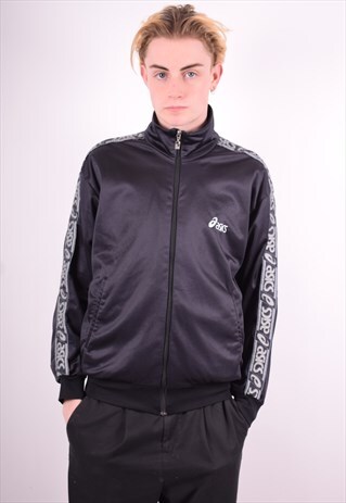 ASICS MENS VINTAGE TRACKSUIT TOP JACKET MEDIUM BLACK 90'S