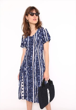 VINTAGE 90S BLUE BOHO PRINT MIDI DRESS