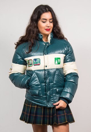VINTAGE 80'S SHINY GREEN PUFFER JACKET PUFFA COAT