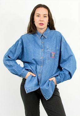 Vintage 90's denim shirt in blue long sleeve top embroidered