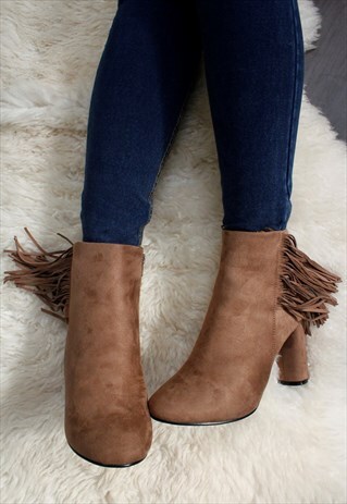 WOMENS LADIES BEIGE FAUX SUEDE FRINGE BLOCK HEEL ANKLE BOOT